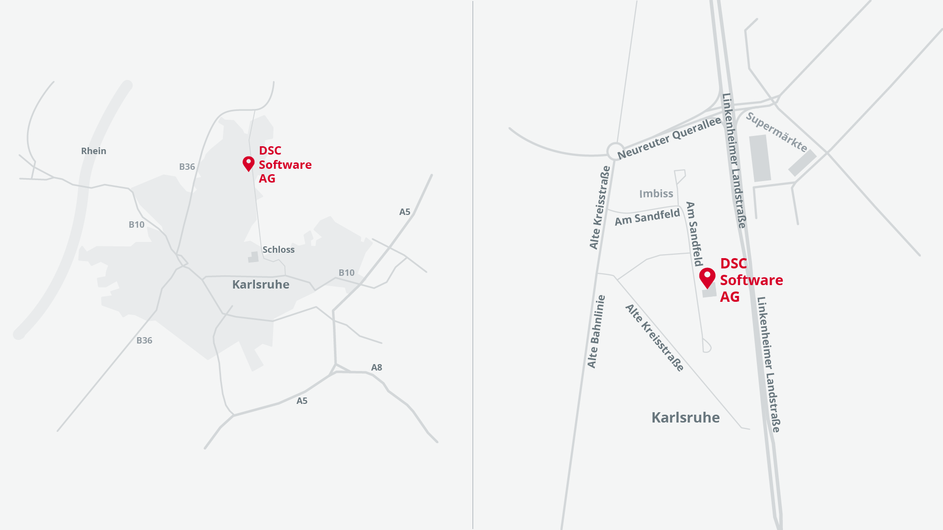 Kartenausschnitt des DSC Standorts in Karlsruhe-Neureut mit Markierung der Bürogebäude